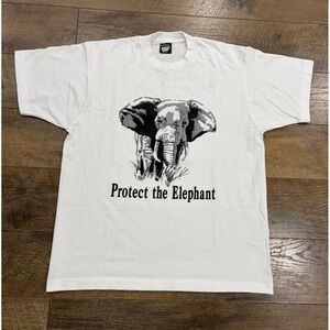 Vintage 90s Protect‎ The Elephant Wildlife Conservation Tee White Large USA Made